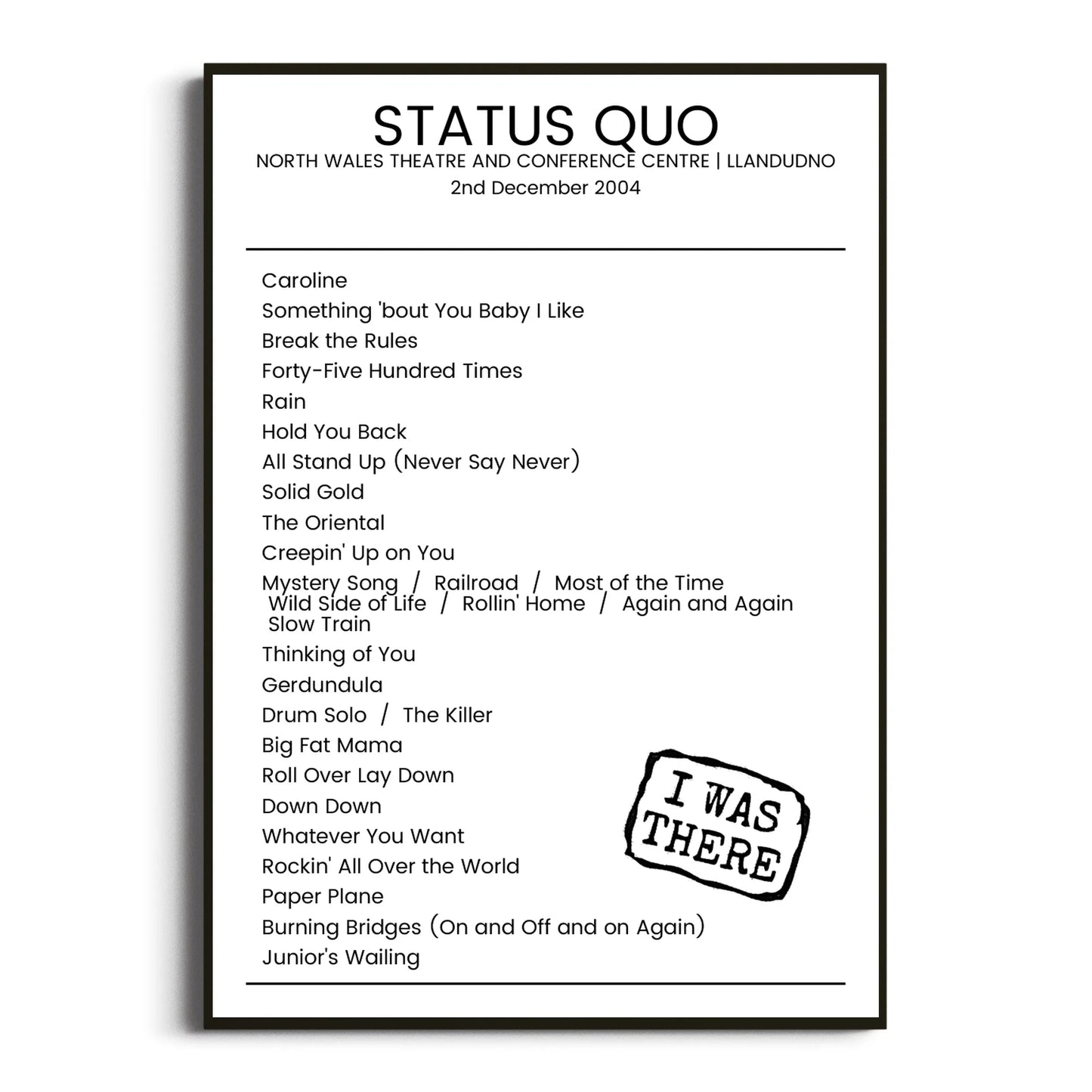 Status Quo Llandudno 02 December 2004 Setlist Poster