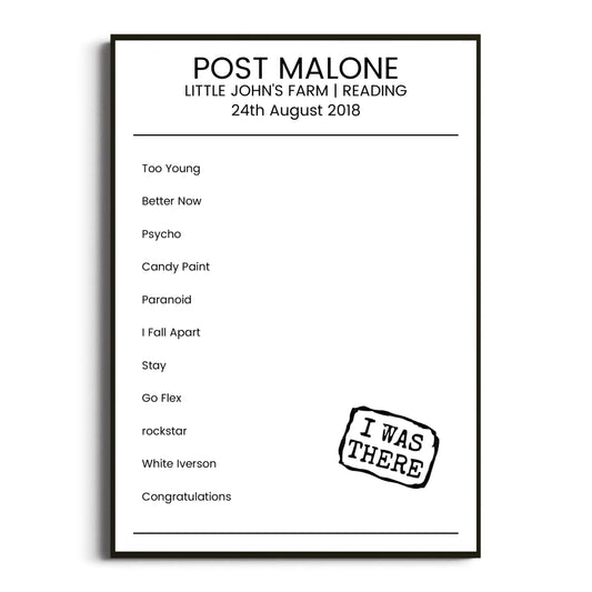 Post Malone Reading 24 August 2018 Setlist Poster