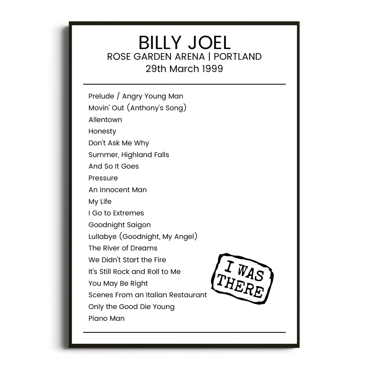 Billy Joel Portland 29 March 1999 Setlist Poster