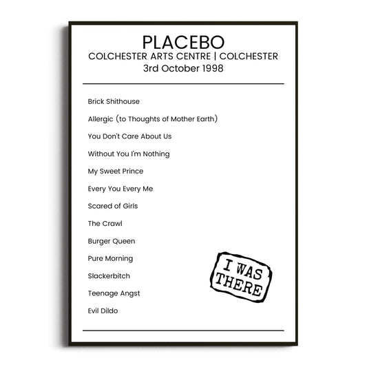 Placebo Colchester 03 October 1998 Setlist Poster