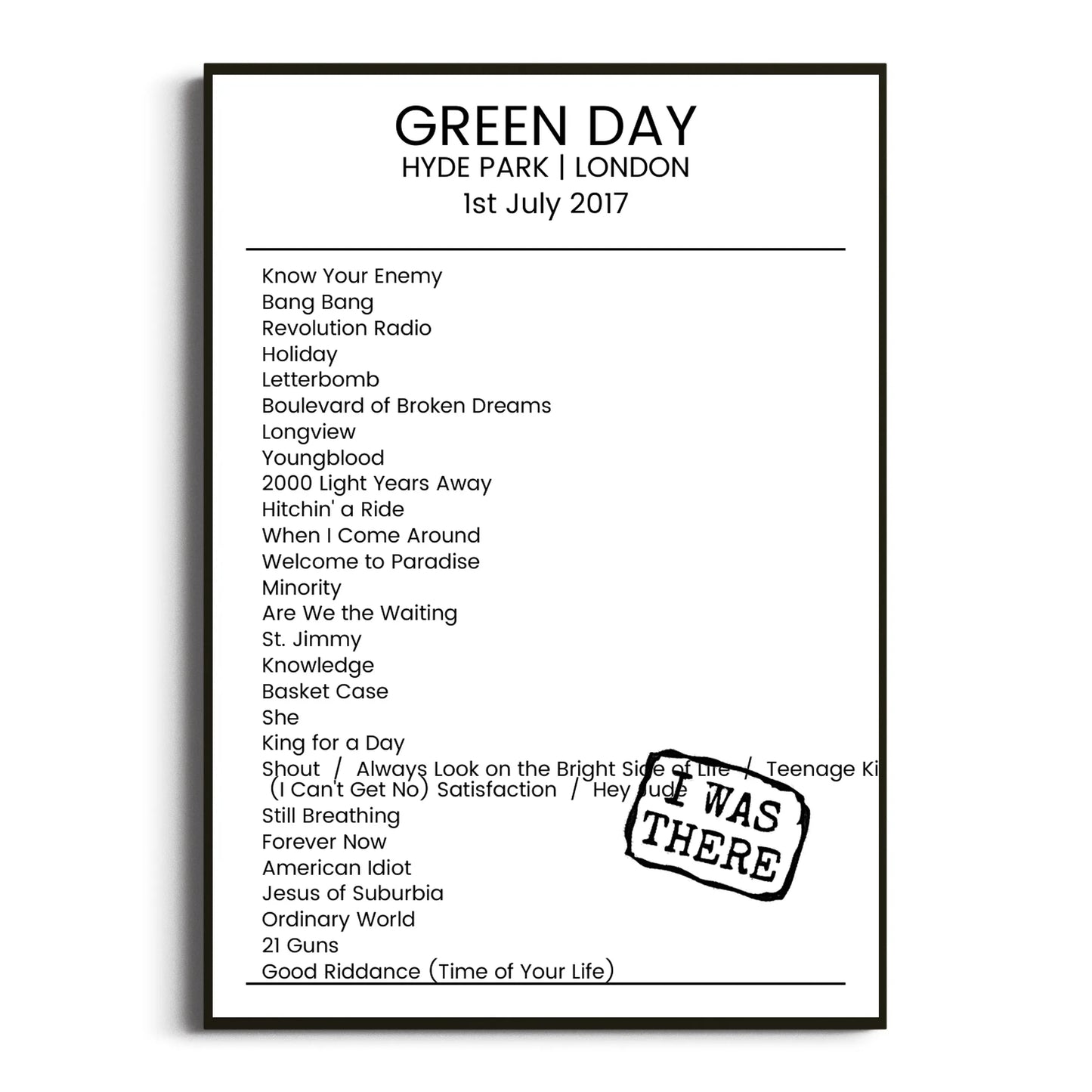 Green Day London 01 July 2017 Setlist Poster