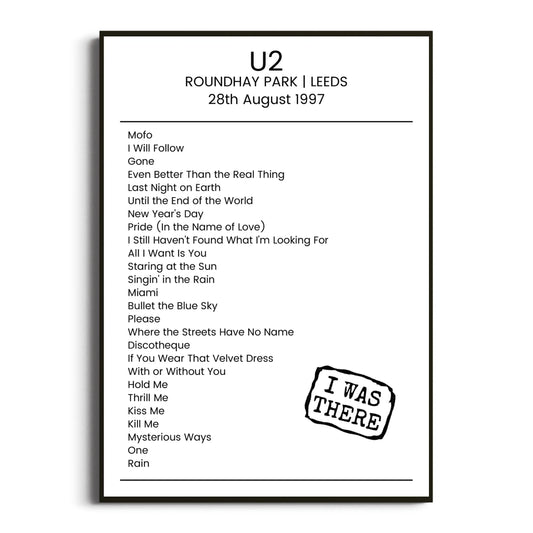 U2 Leeds 28 August 1997 Setlist Poster