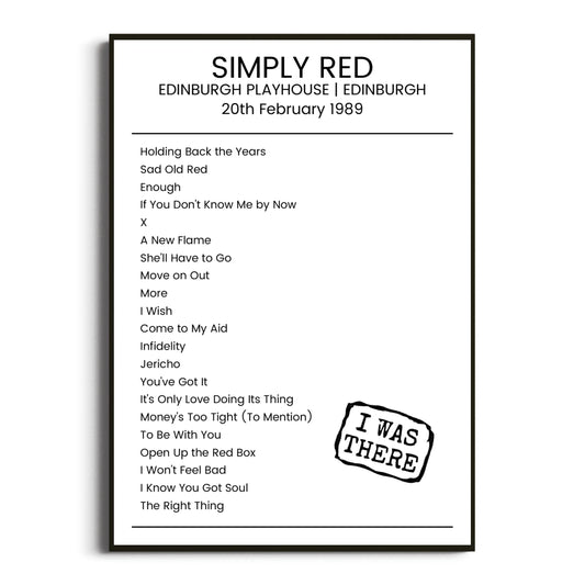 Simply Red Edinburgh 20 February 1989 Setlist Poster