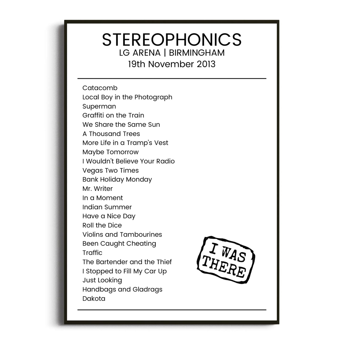 Stereophonics Birmingham 19 November 2013 Setlist Poster