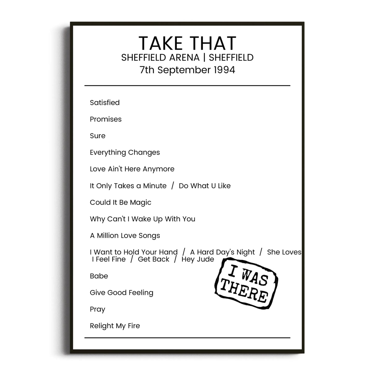 Take That Sheffield 07 September 1994 Setlist Poster