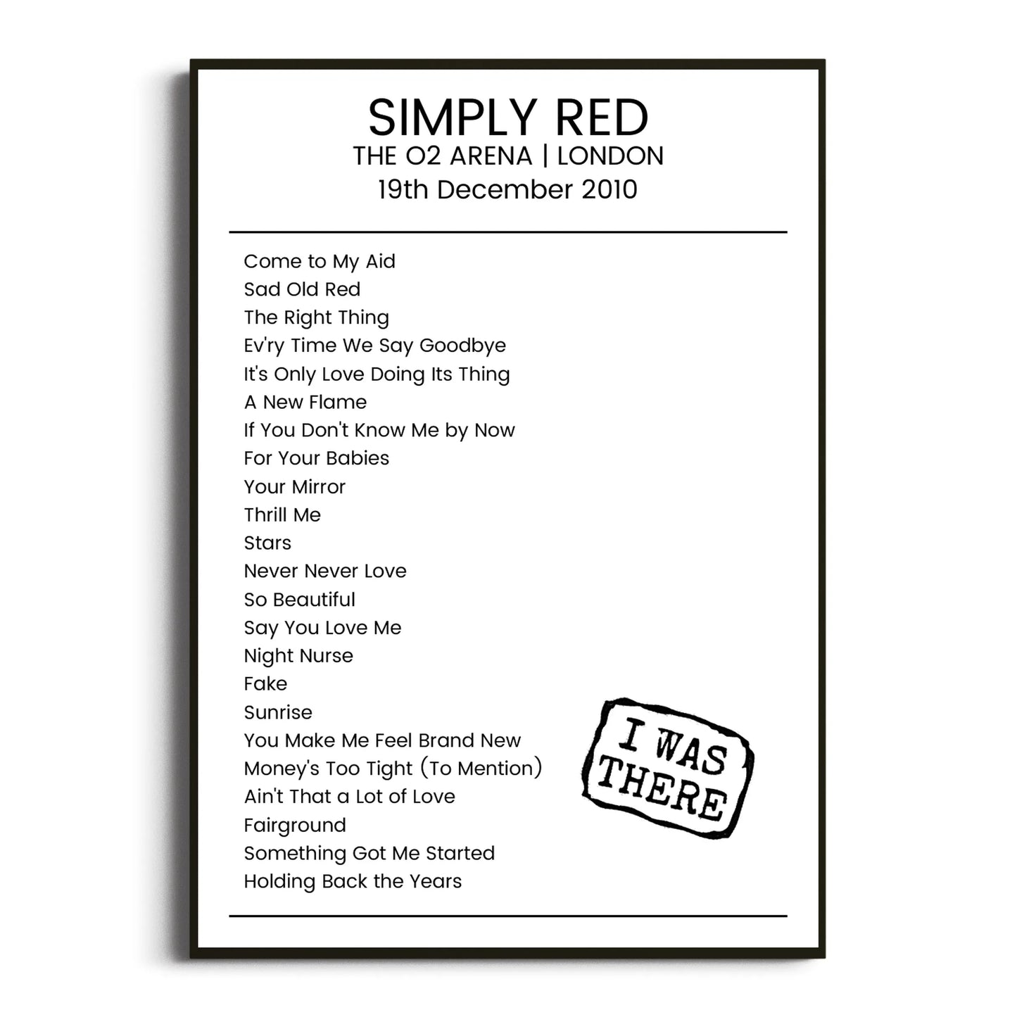 Simply Red London 19 December 2010 Setlist Poster