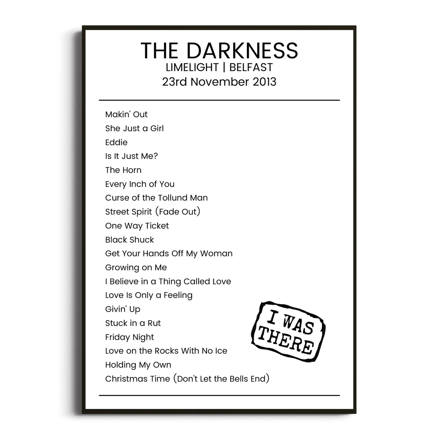 The Darkness Belfast 23 November 2013 Setlist Poster