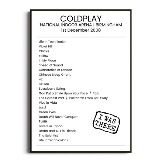 Coldplay Birmingham 01 December 2008 Setlist Poster