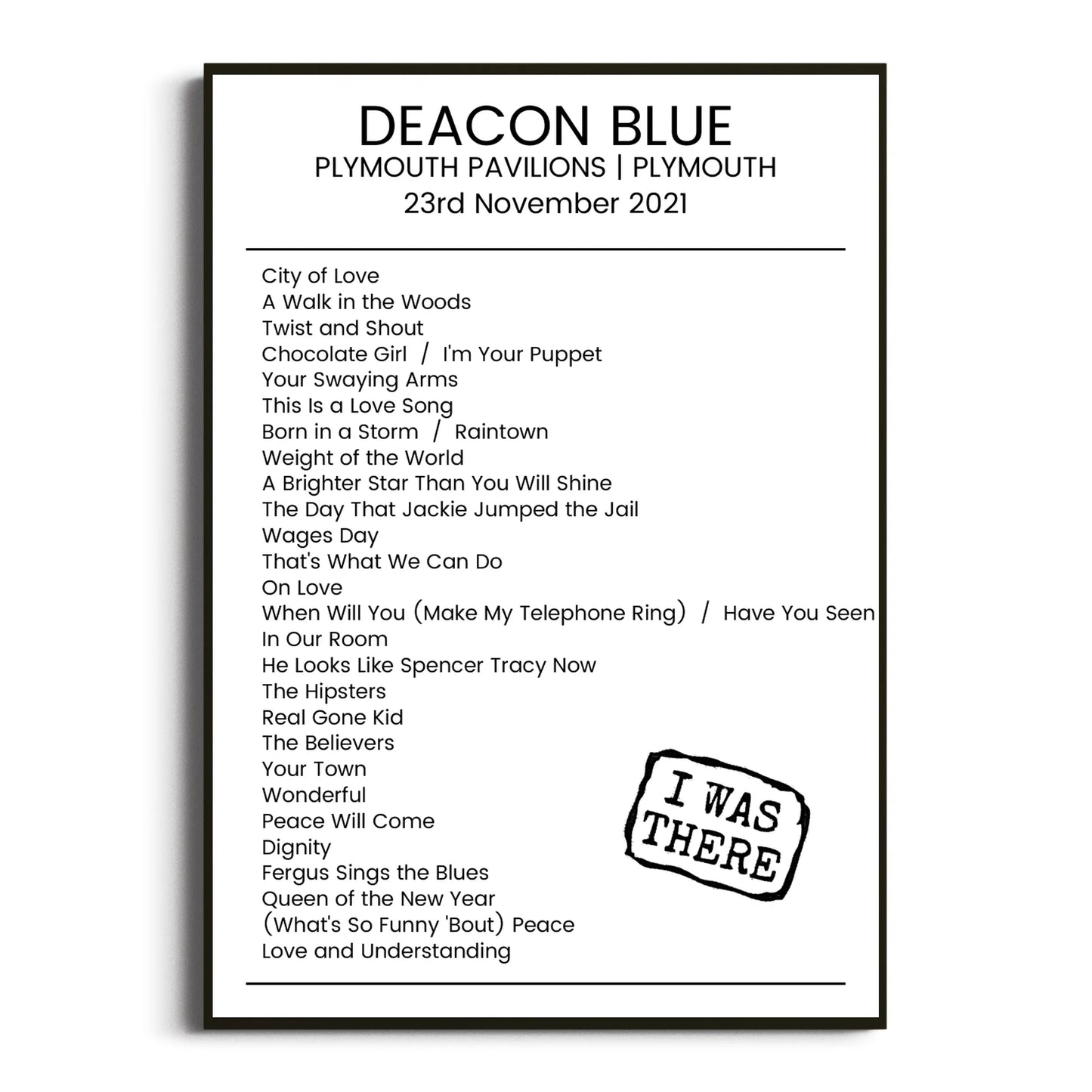 Deacon Blue Plymouth 23 November 2021 Setlist Poster