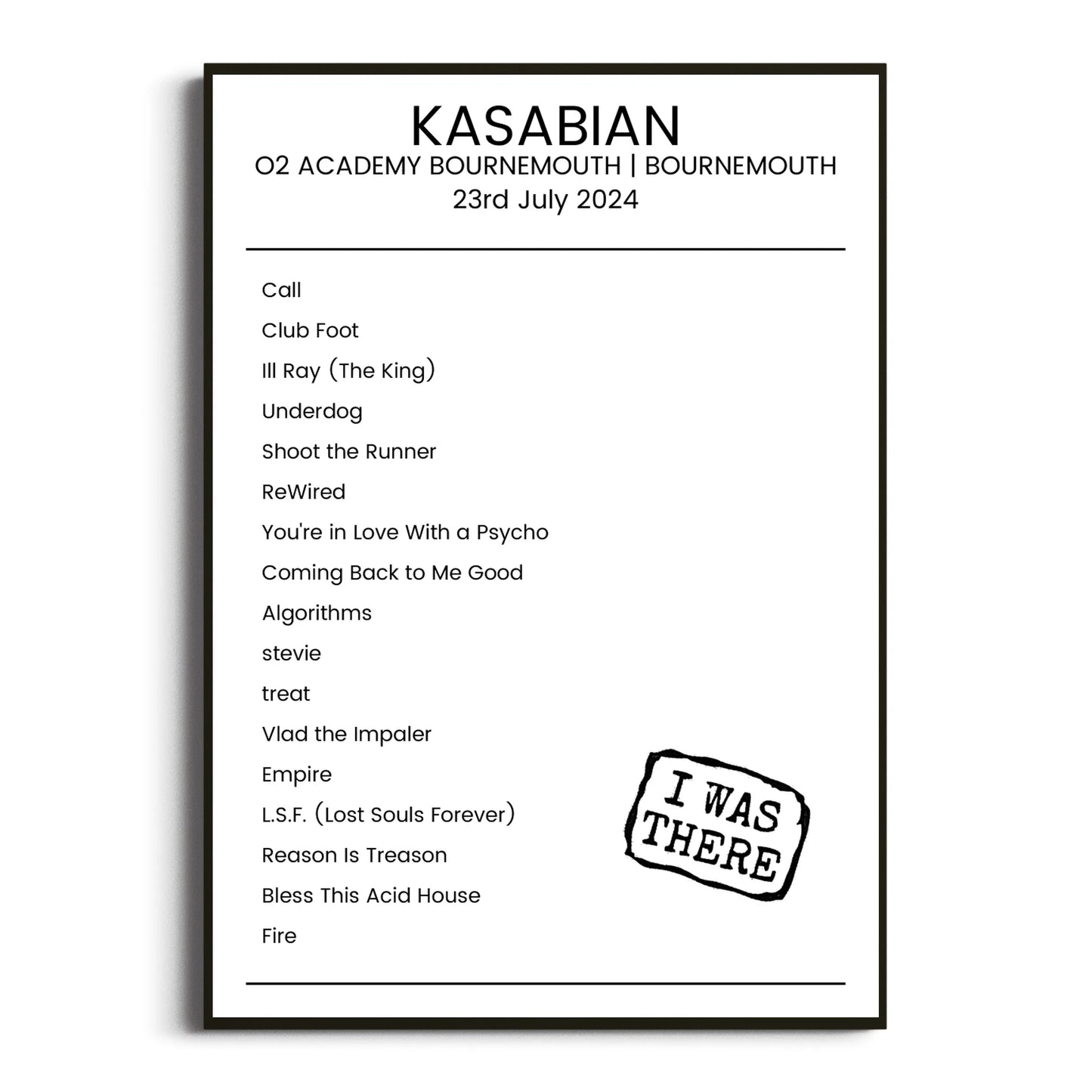 Kasabian Bournemouth 23 July 2024 Setlist Poster