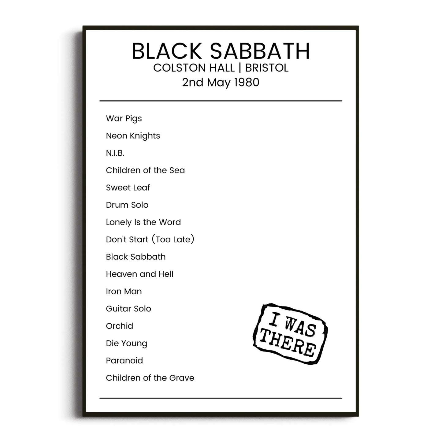 Black Sabbath Bristol 02 May 1980 Setlist Poster