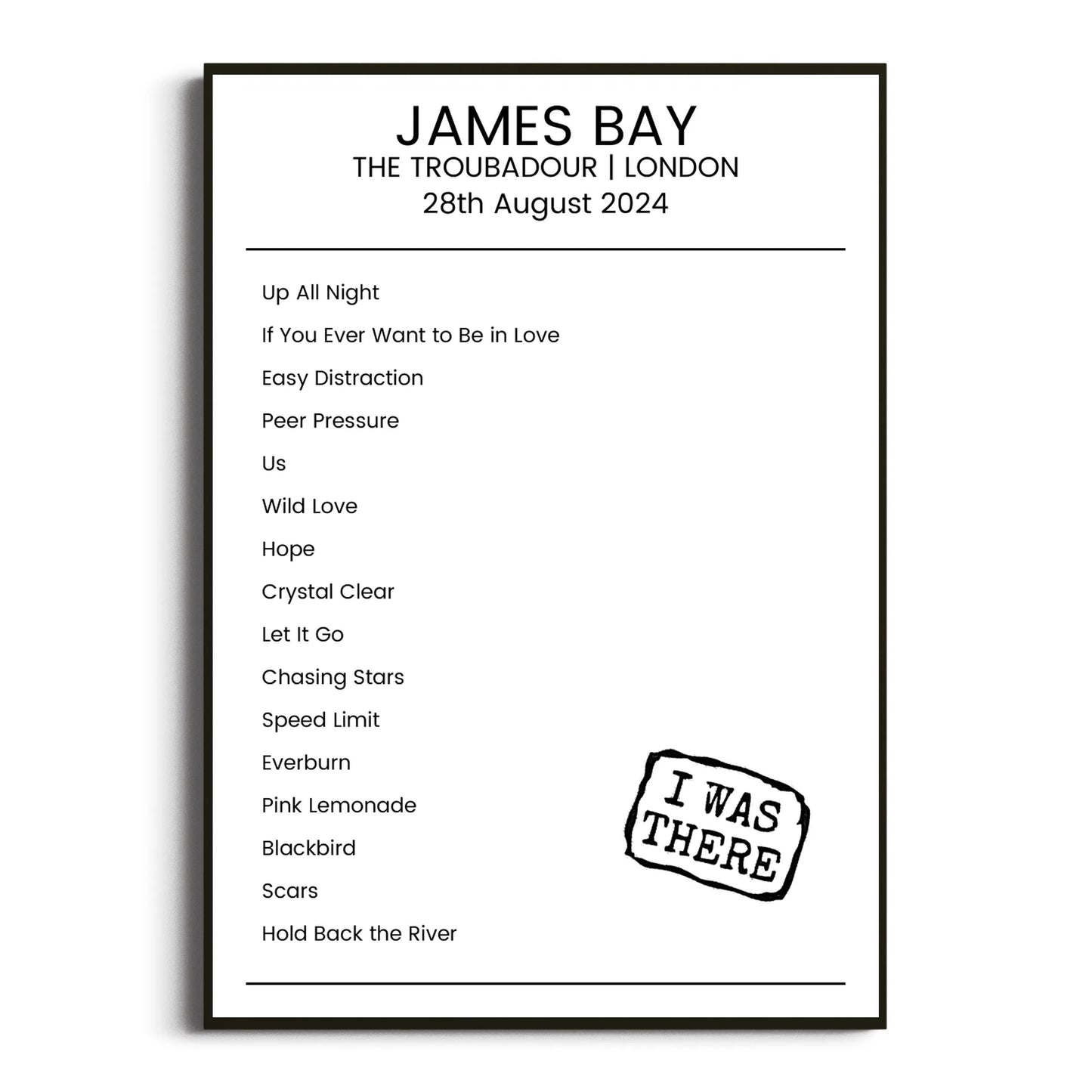 James Bay London 28 August 2024 Setlist Poster