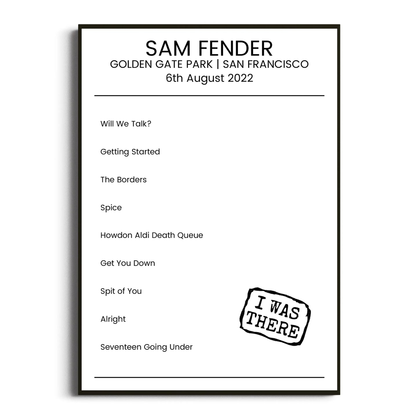 Sam Fender San Francisco 06 August 2022 Setlist Poster