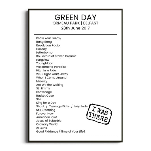 Green Day Belfast 28 June 2017 Setlist Poster