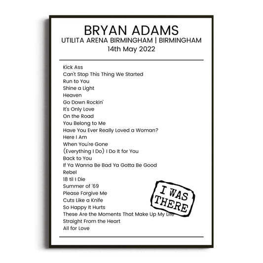 Bryan Adams Birmingham 14 May 2022 Setlist Poster