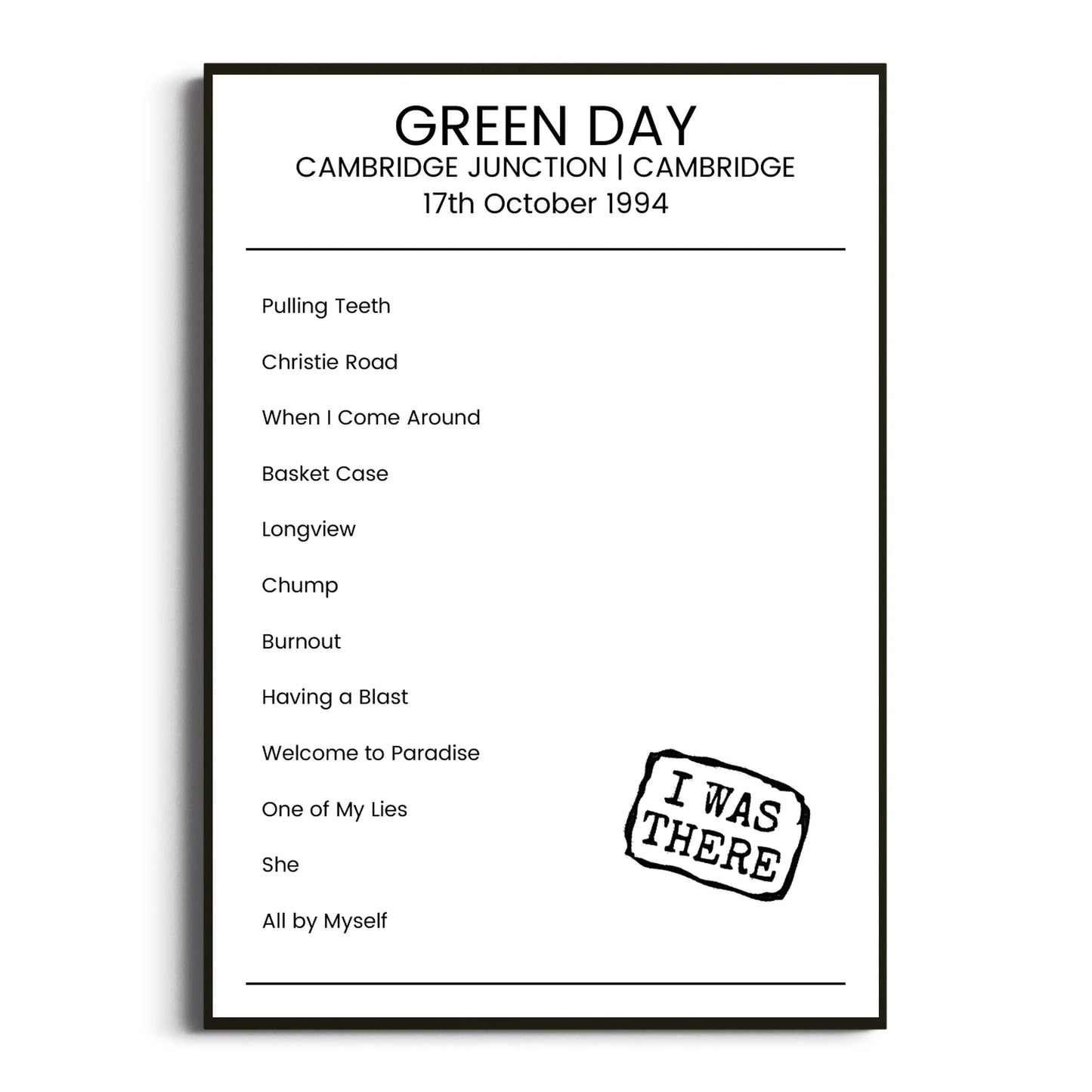 Green Day Cambridge 17 October 1994 Setlist Poster