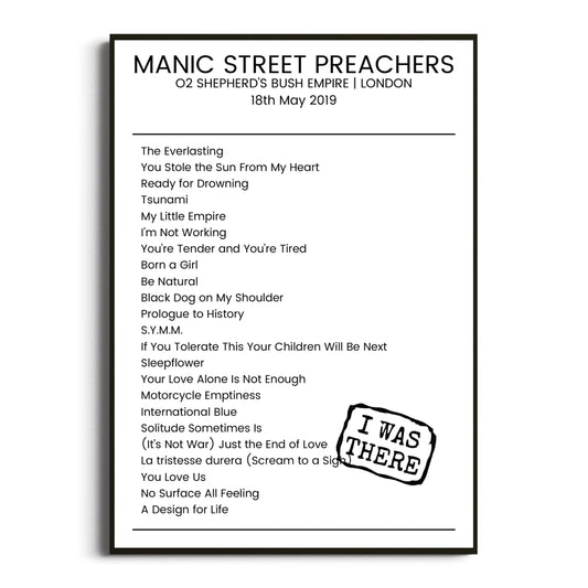 Manic Street Preachers London 18 May 2019 Setlist Poster