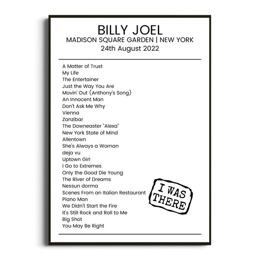 Billy Joel New York 24 August 2022 Setlist Poster