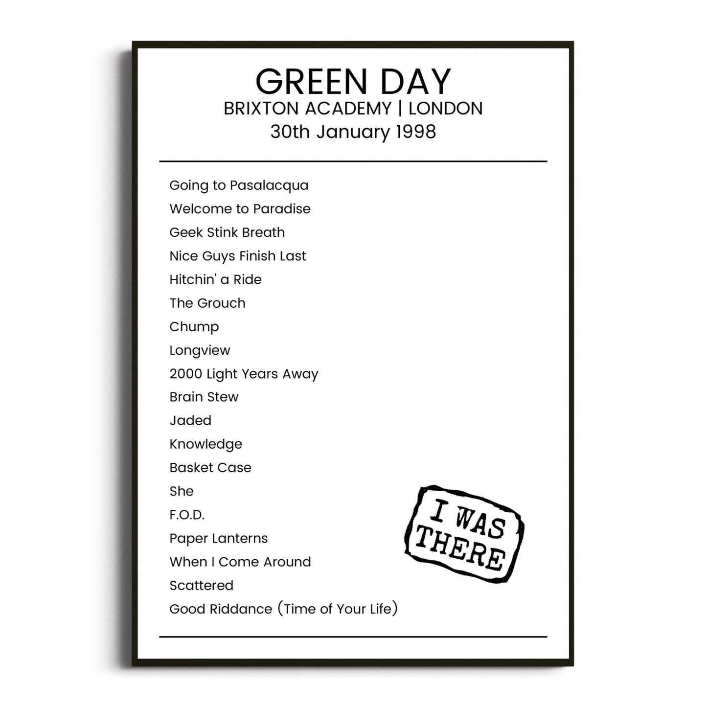 Green Day London 30 January 1998 Setlist Poster