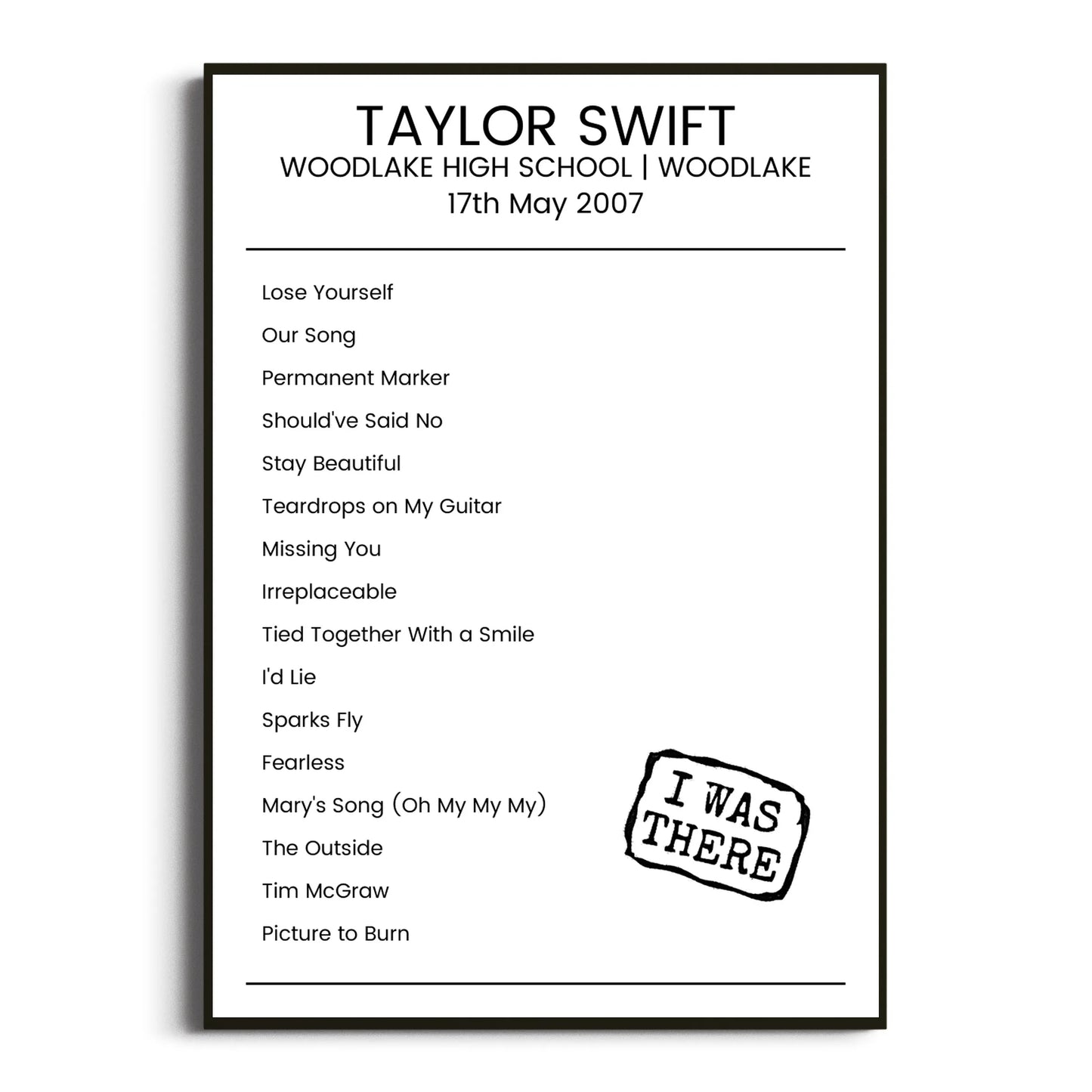 Taylor Swift Woodlake 17 May 2007 Setlist Poster