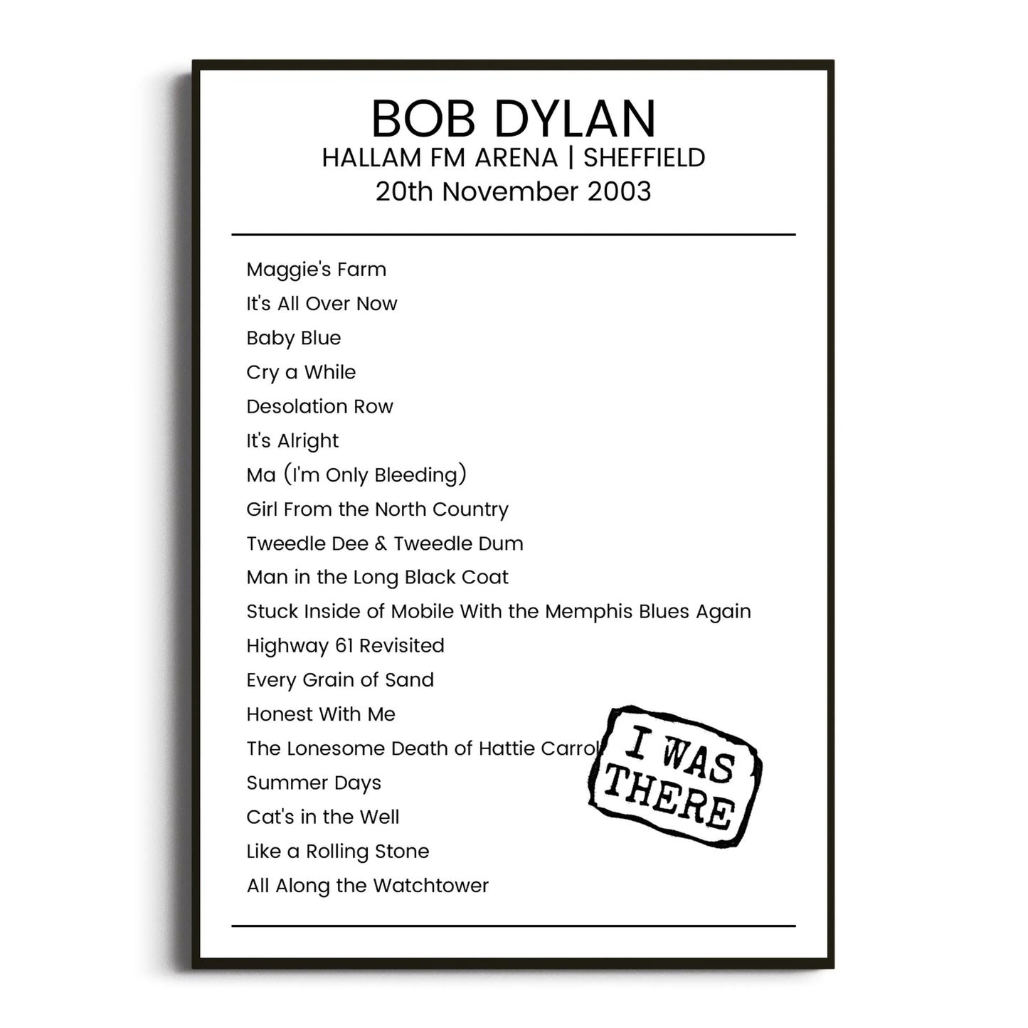 Bob Dylan Sheffield 20 November 2003 Setlist Poster