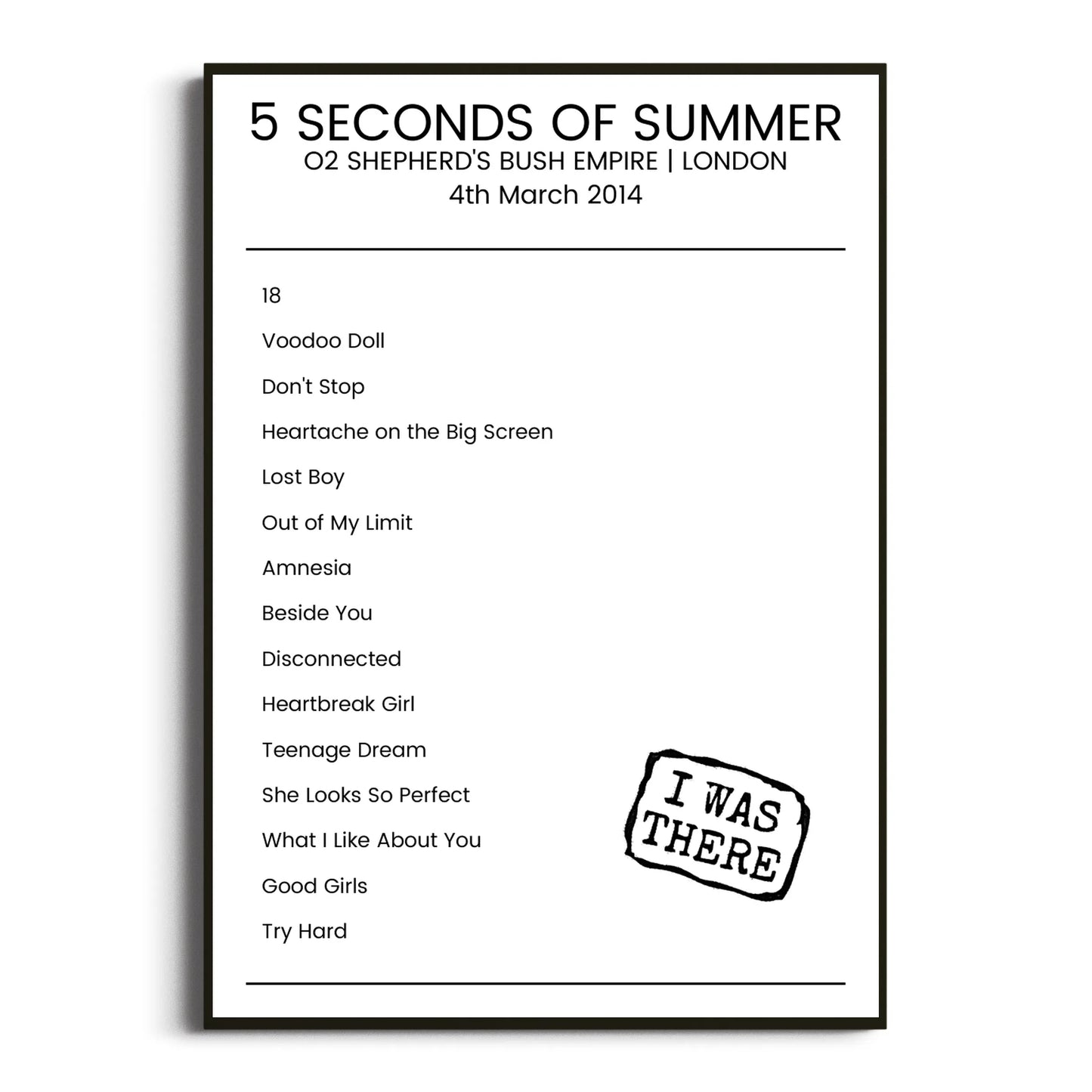 5 Seconds of Summer London 04 March 2014 Setlist Poster