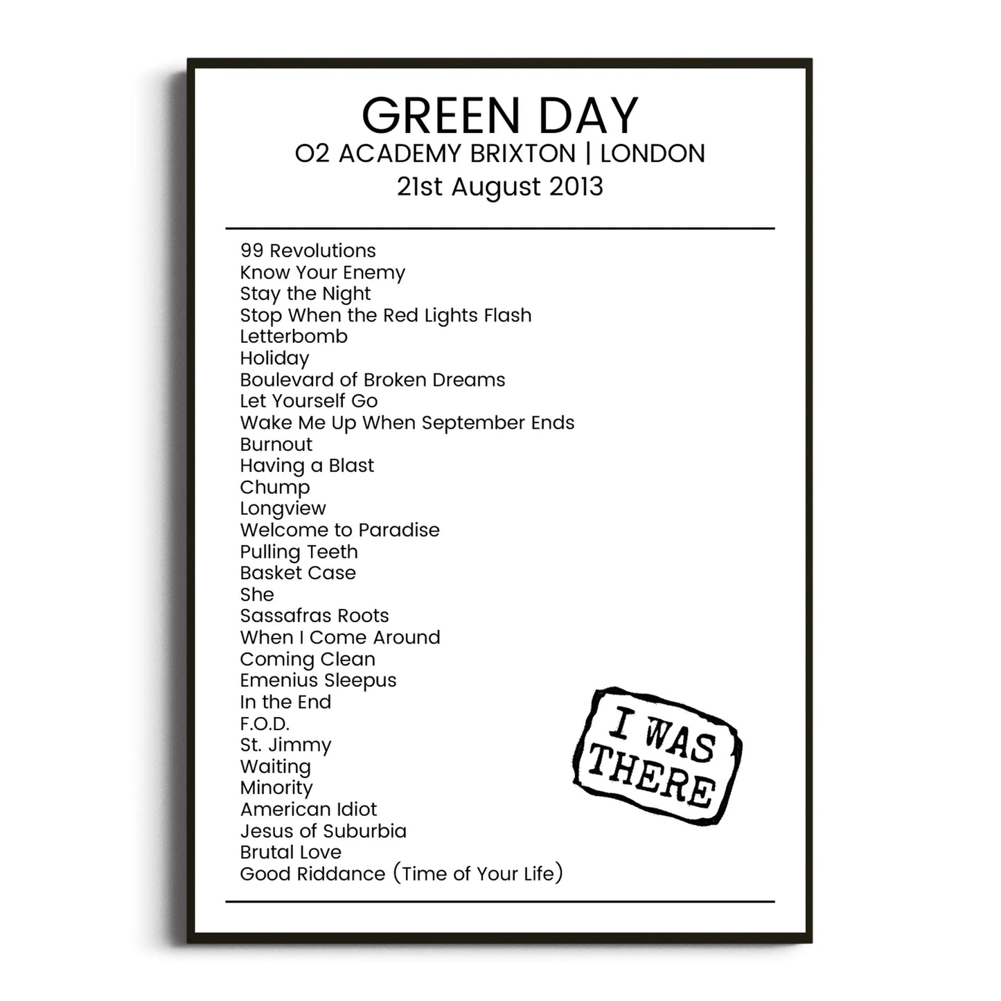 Green Day London 21 August 2013 Setlist Poster