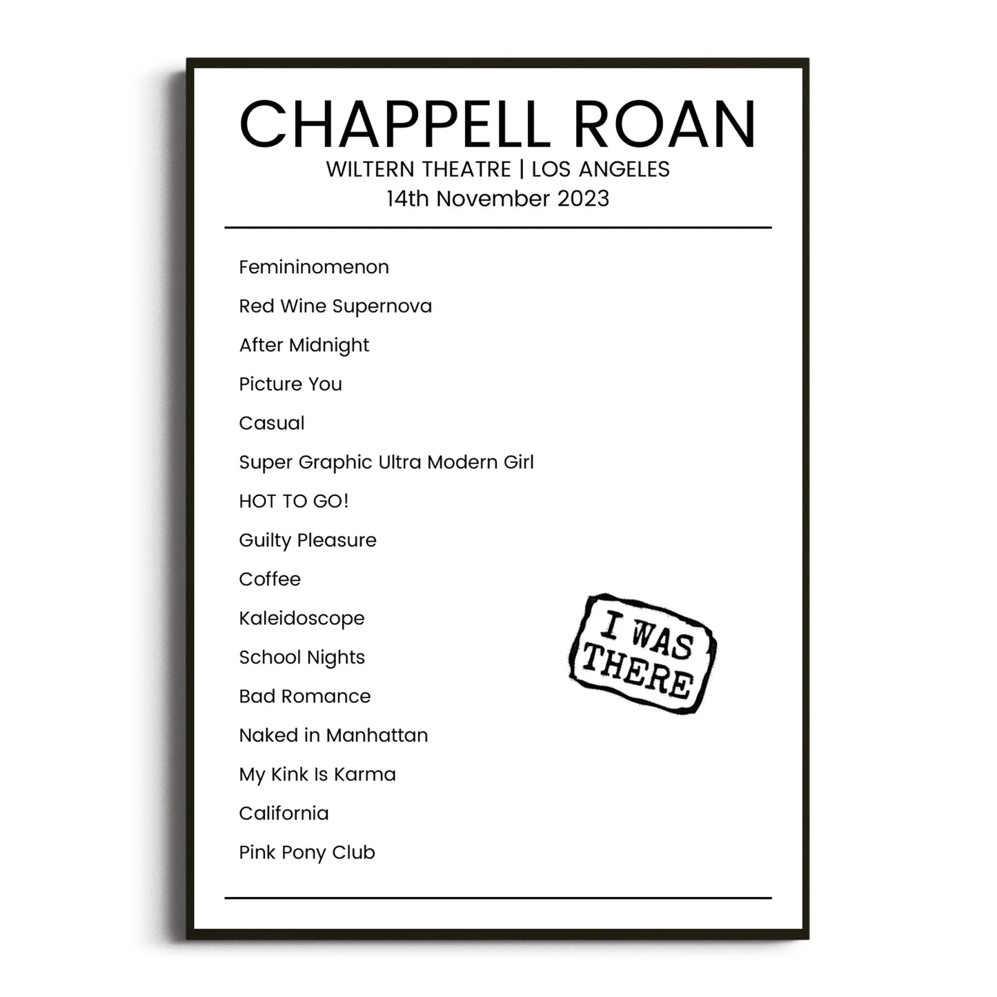 Chappell Roan Los Angeles 14 November 2023 Setlist Poster