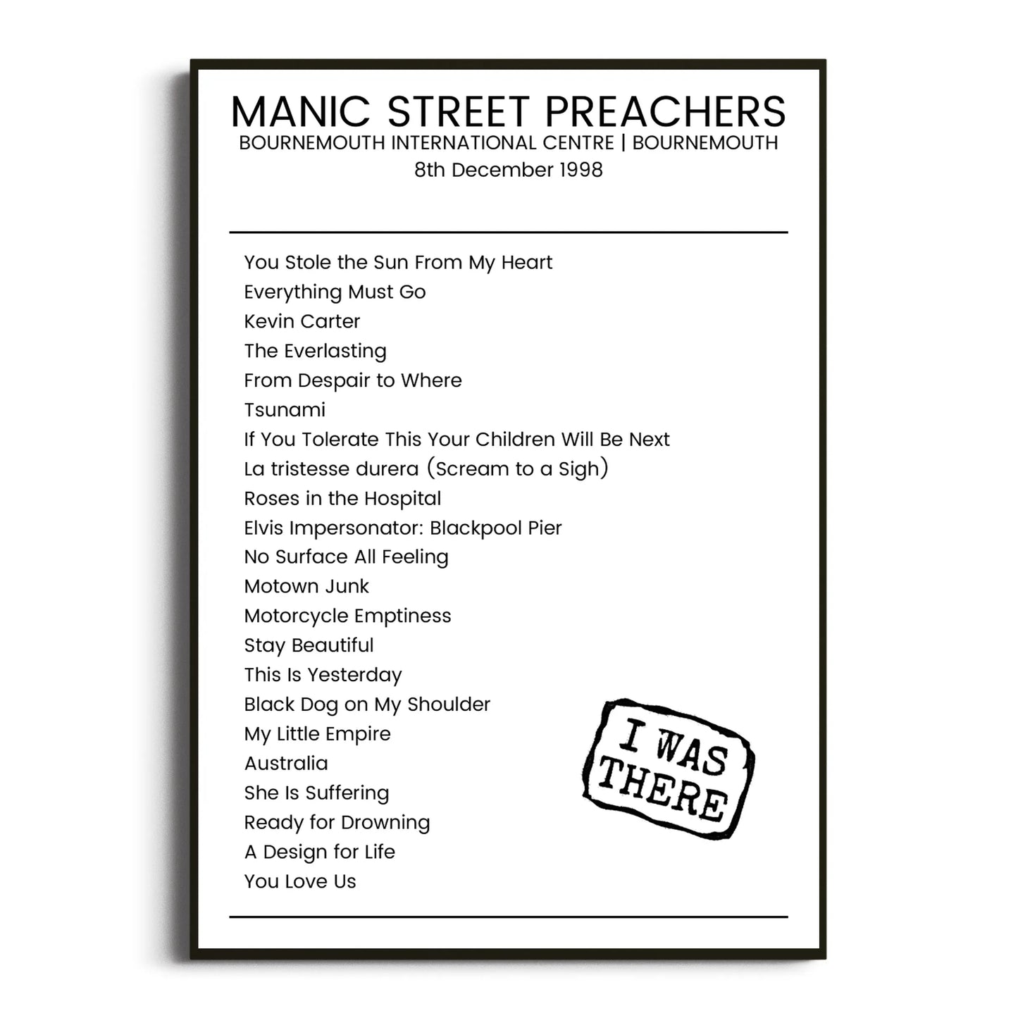 Manic Street Preachers Bournemouth 08 December 1998 Setlist Poster