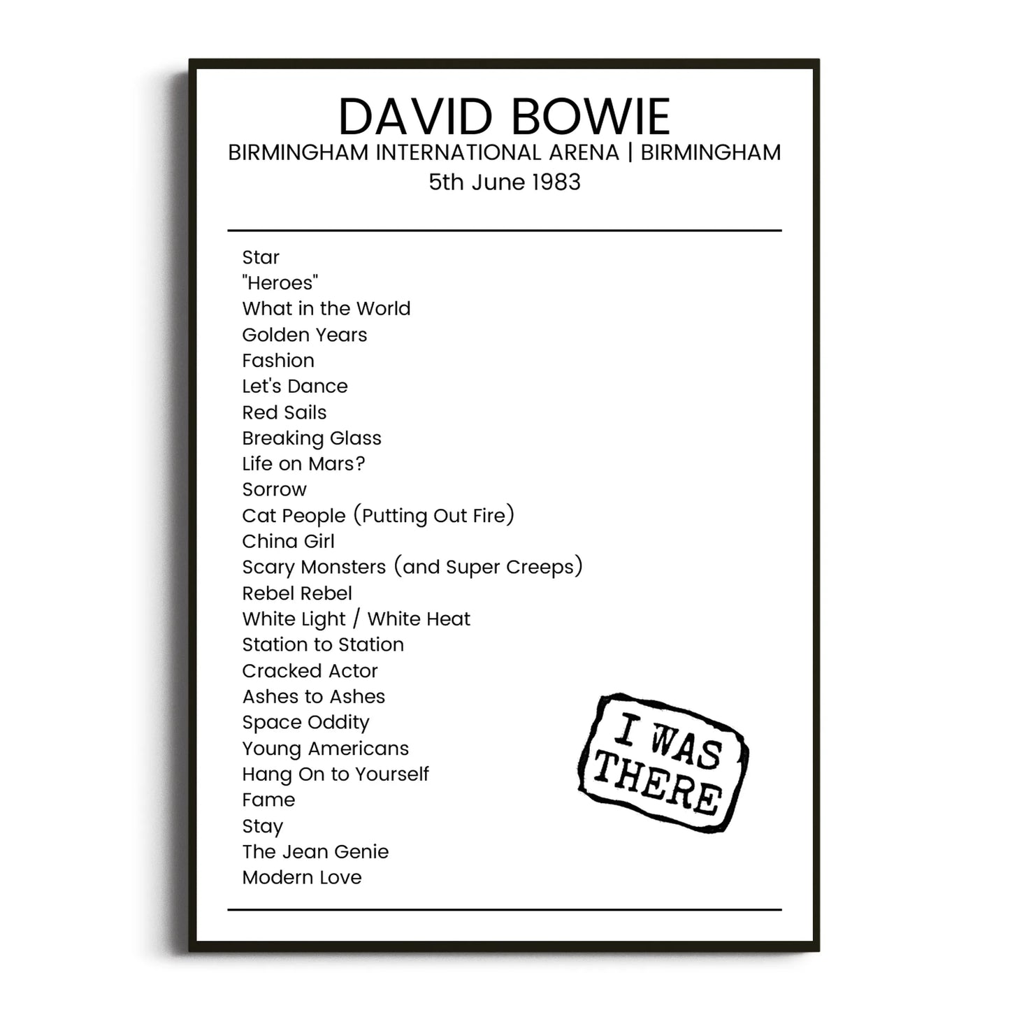 David Bowie Birmingham 05 June 1983 Setlist Poster