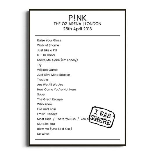 P!nk London 25 April 2013 Setlist Poster