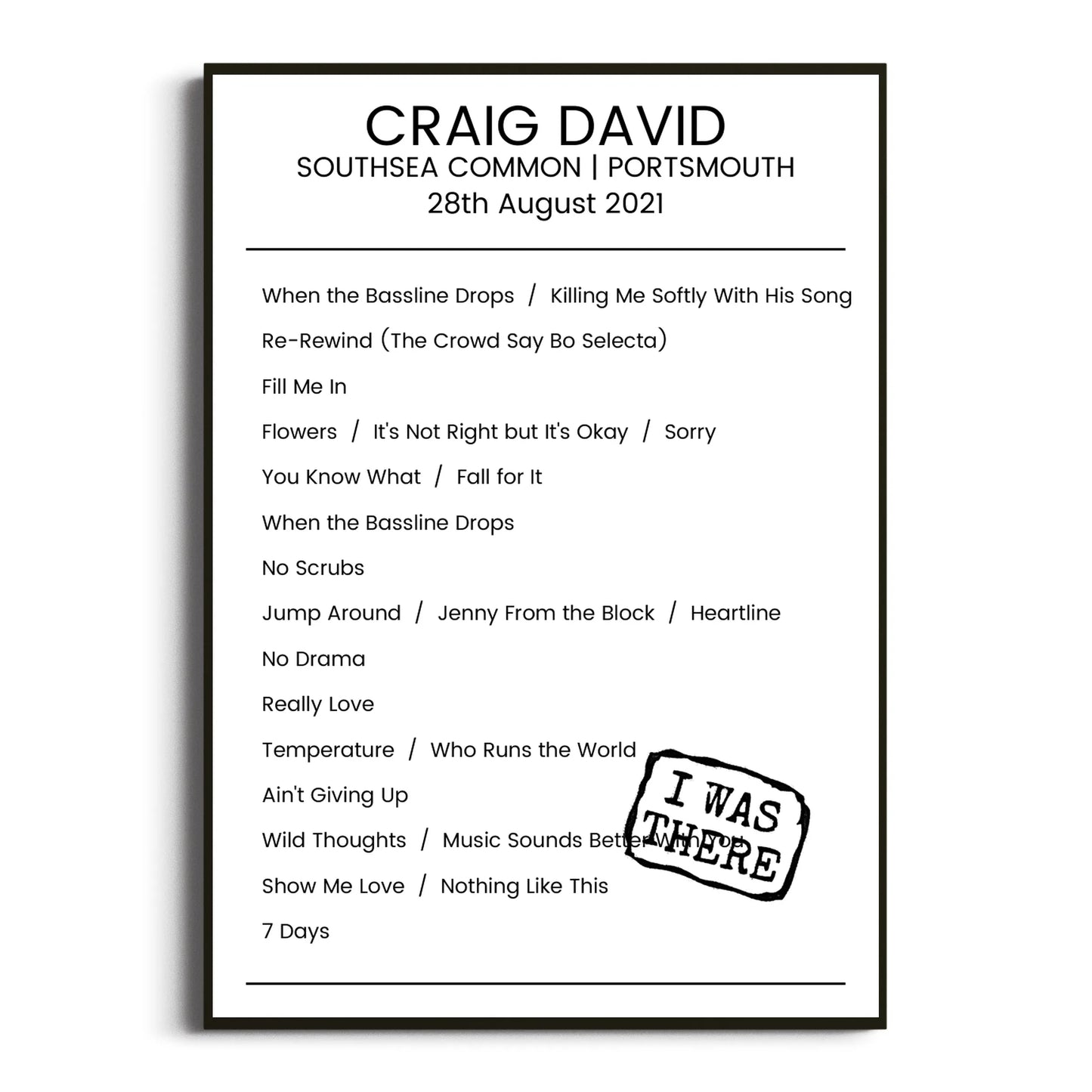 Craig David Portsmouth 28 August 2021 Setlist Poster