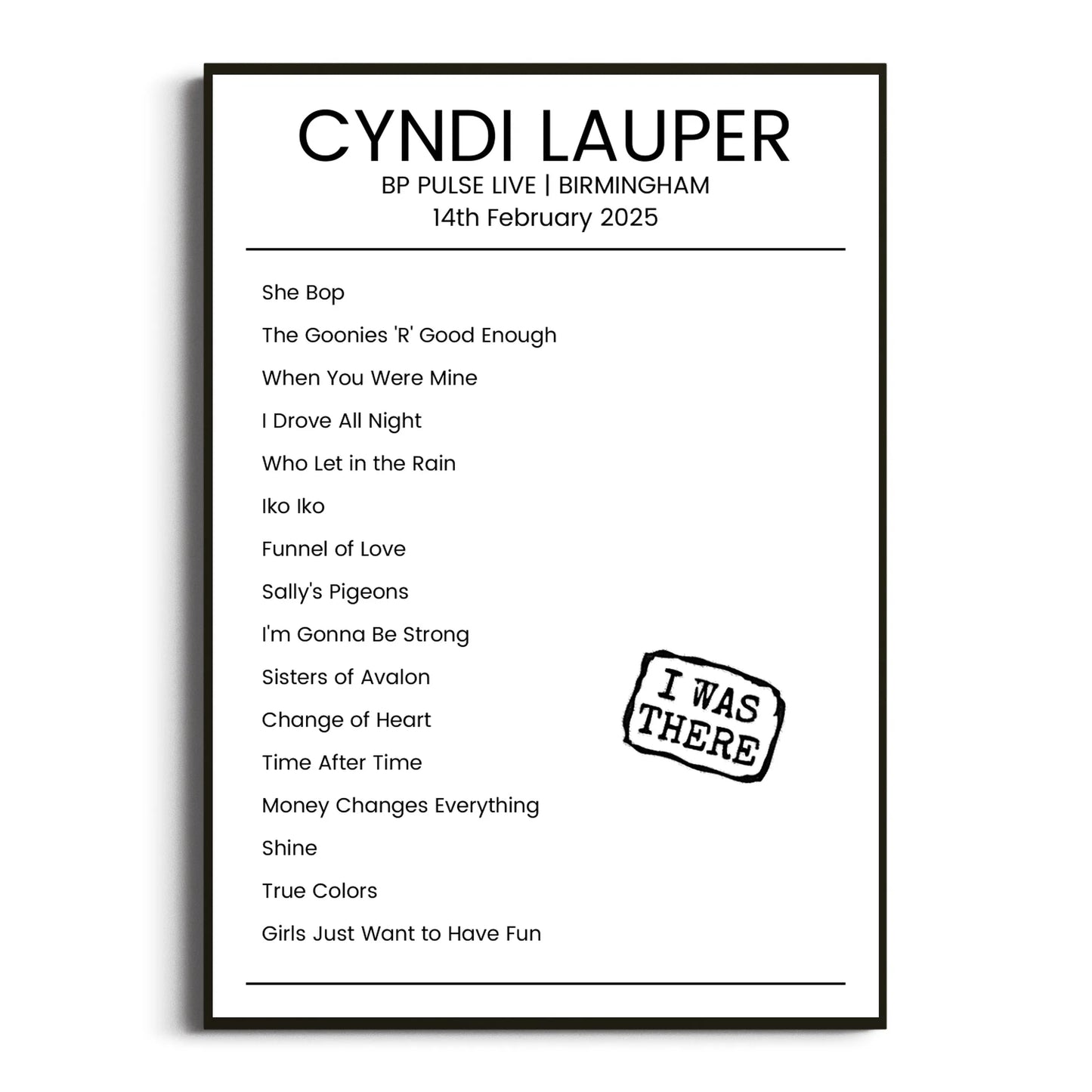 Cyndi Lauper Birmingham 14 February 2025 Setlist Poster