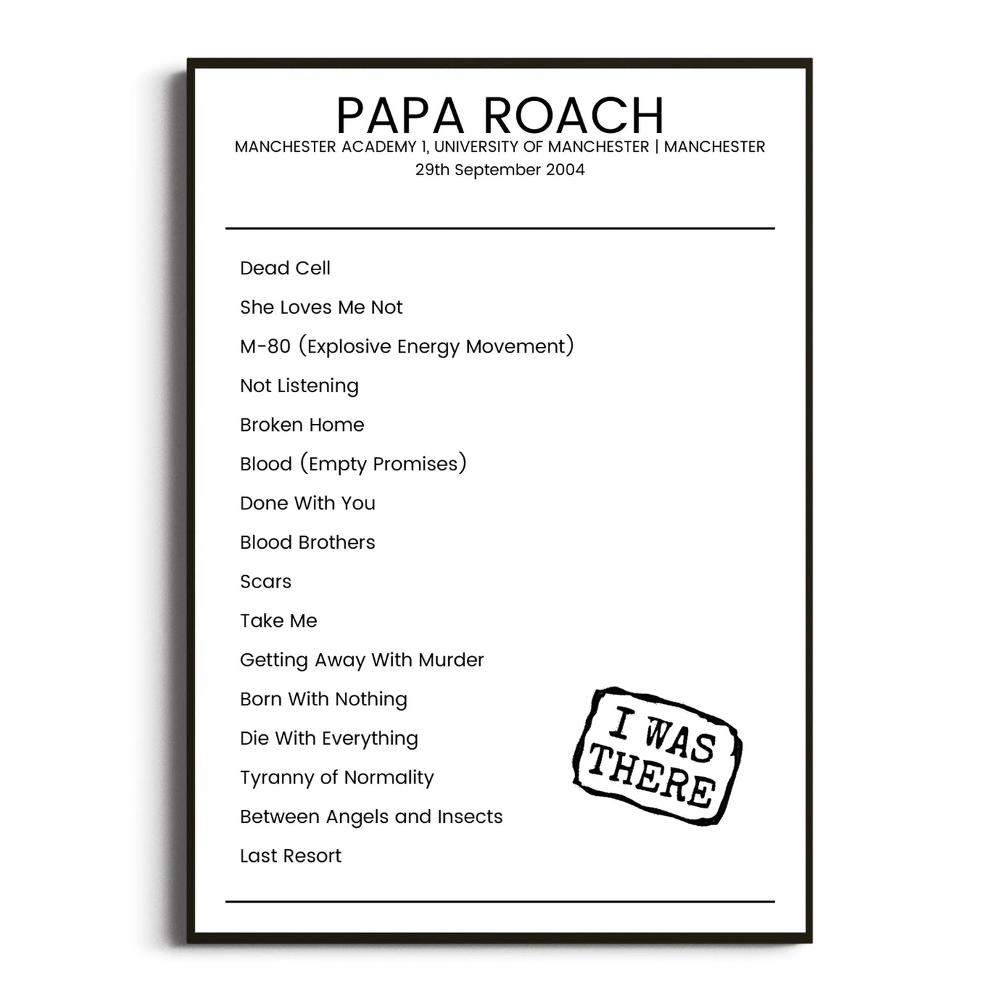 Papa Roach Manchester 29 September 2004 Setlist Poster