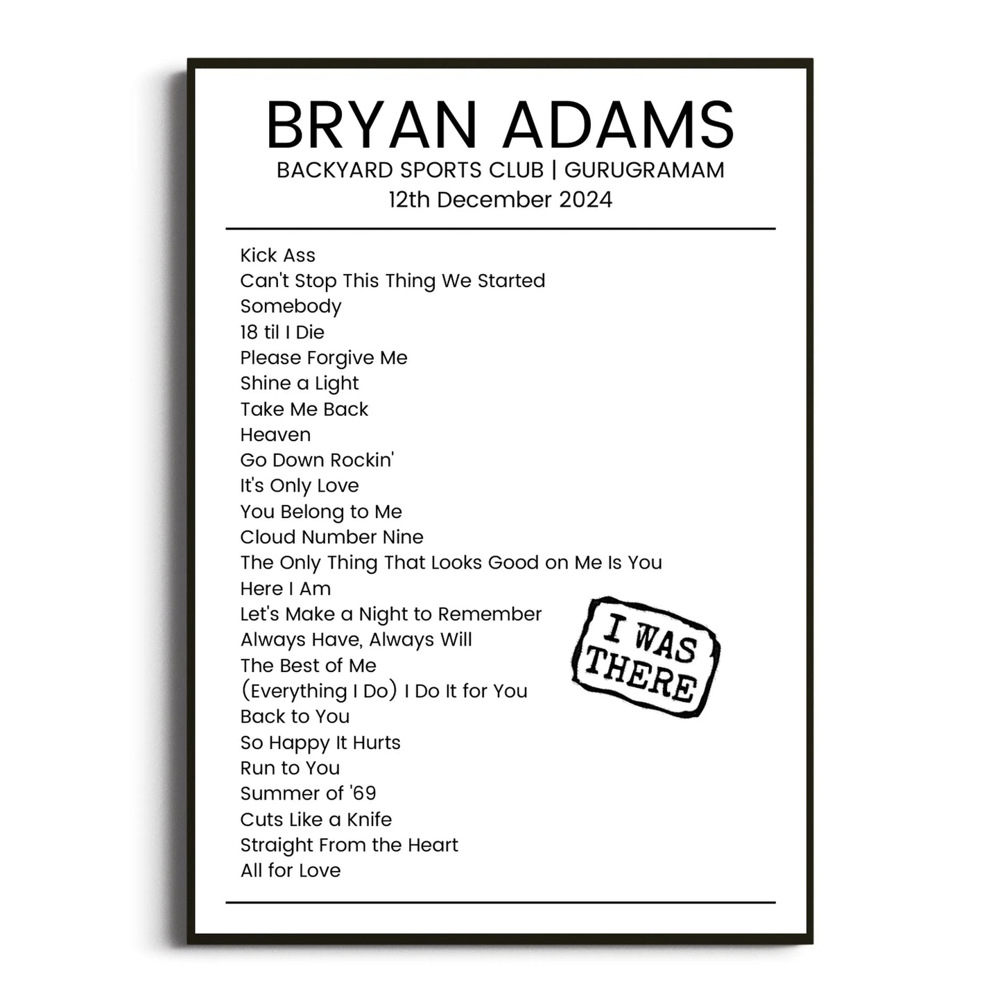 Bryan Adams Gurugramam 12 December 2024 Setlist Poster