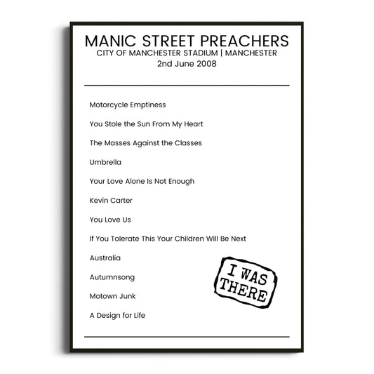 Manic Street Preachers Manchester 02 June 2008 Setlist Poster