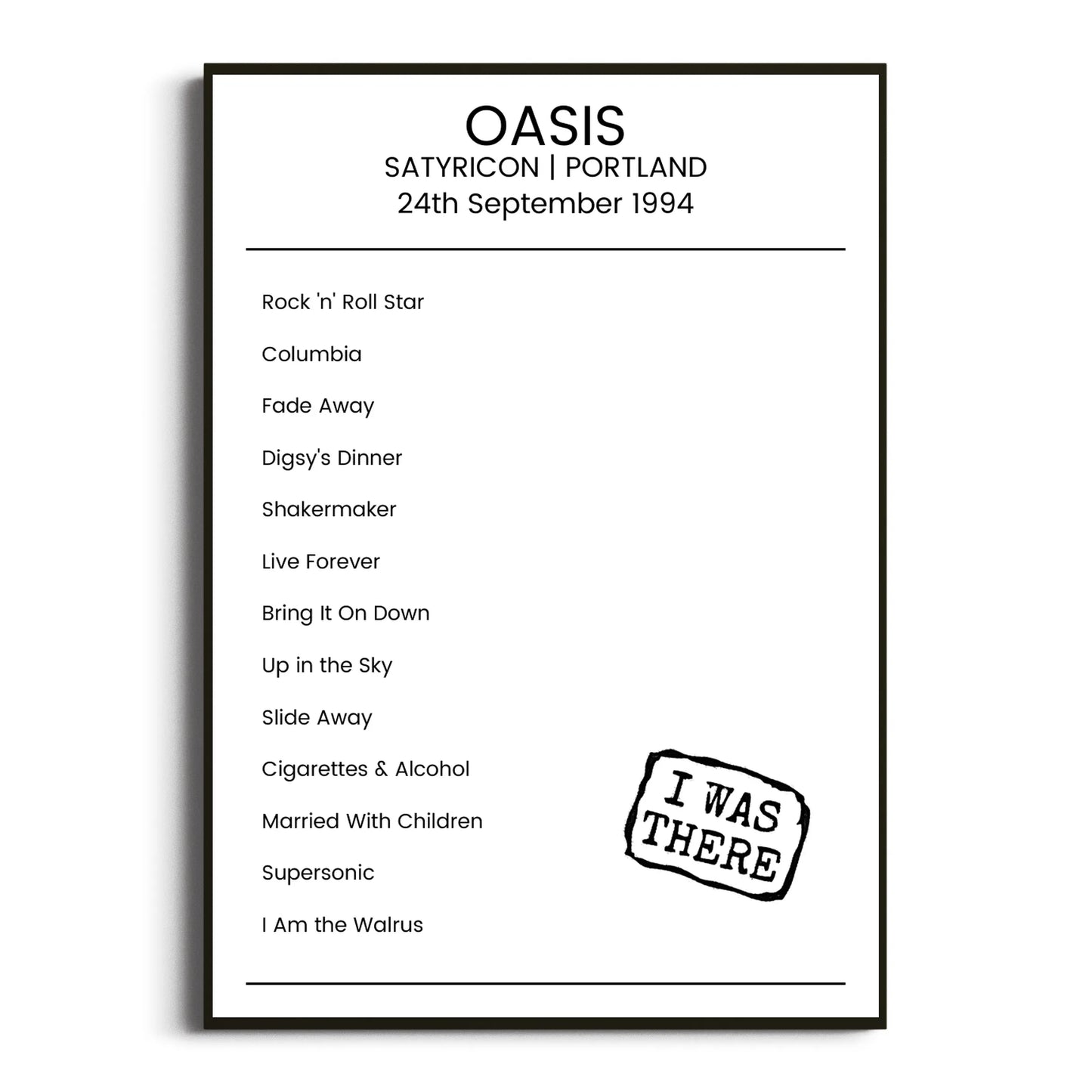 Oasis Portland 24 September 1994 Setlist Poster