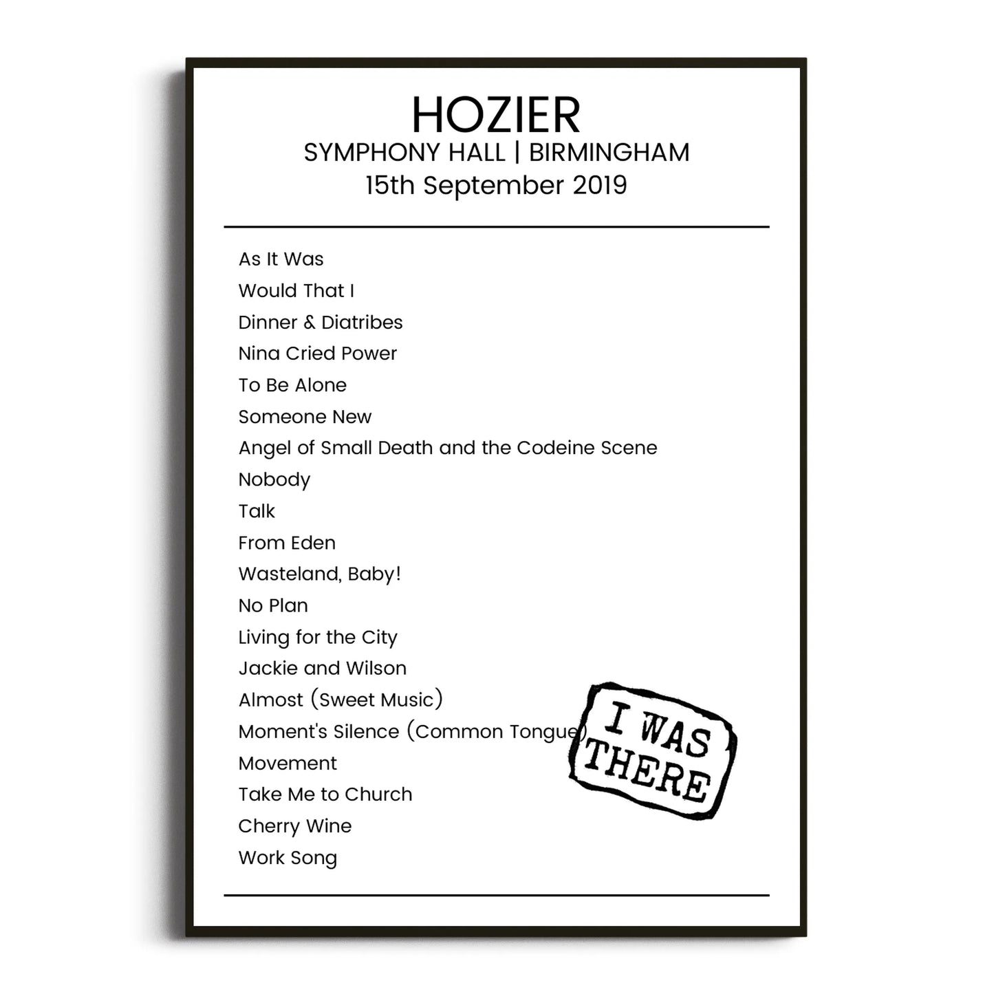 Hozier Birmingham 15 September 2019 Setlist Poster