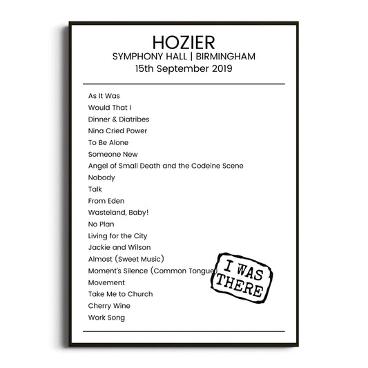 Hozier Birmingham 15 September 2019 Setlist Poster