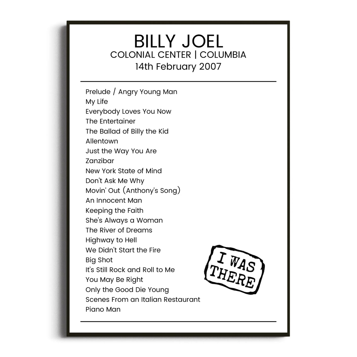 Billy Joel Columbia 14 February 2007 Setlist Poster