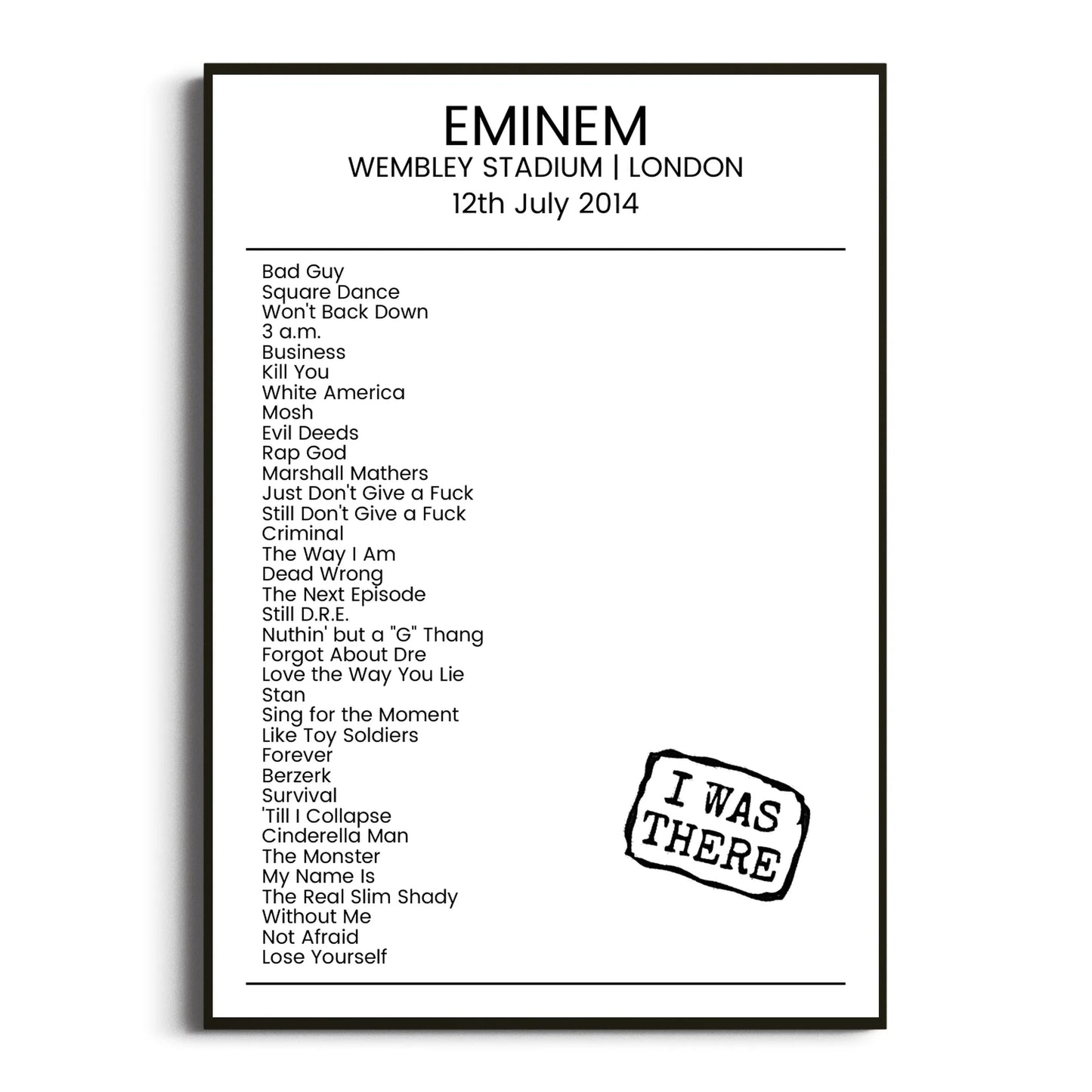 Eminem London 12 July 2014 Setlist Poster