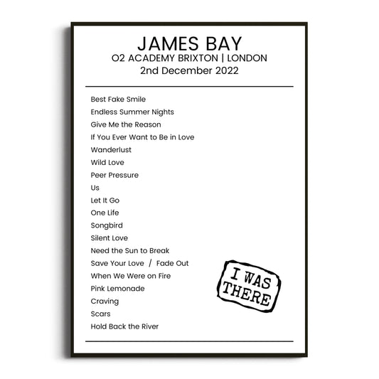 James Bay London 02 December 2022 Setlist Poster