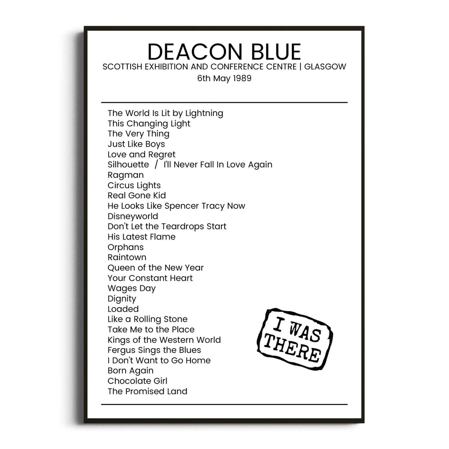 Deacon Blue Glasgow 06 May 1989 Setlist Poster