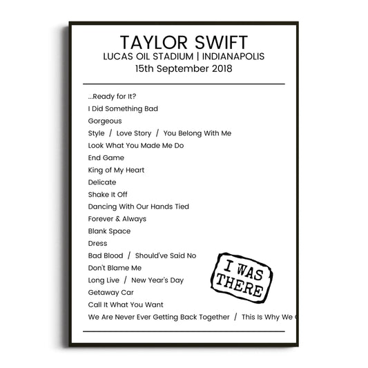 Taylor Swift Indianapolis 15 September 2018 Setlist Poster