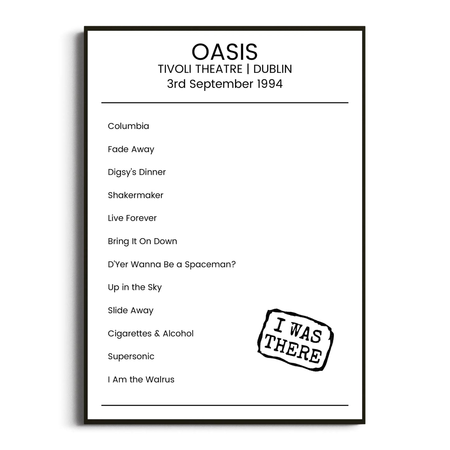 Oasis Dublin 03 September 1994 Setlist Poster