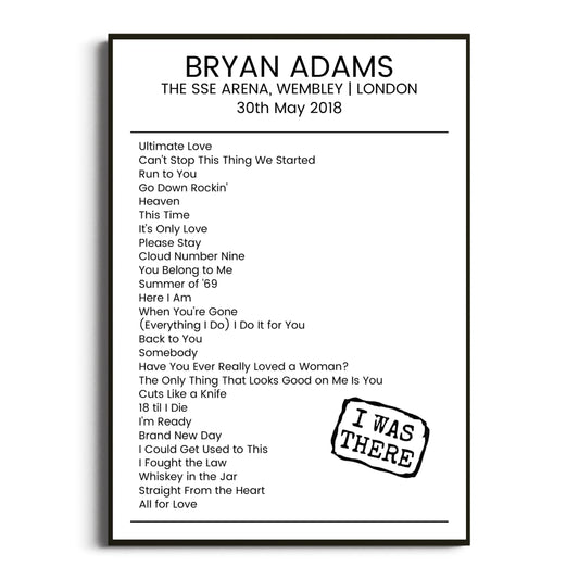 Bryan Adams London 30 May 2018 Setlist Poster