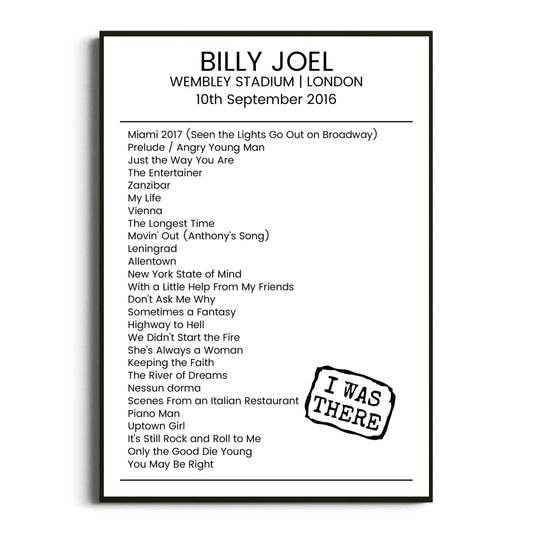 Billy Joel London 10 September 2016 Setlist Poster