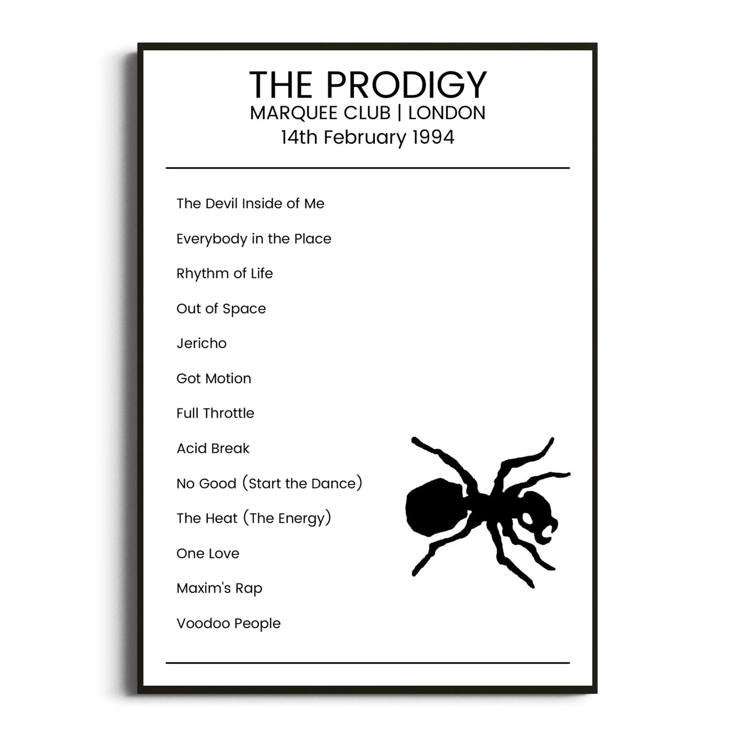 The Prodigy London 14 February 1994 Setlist Poster