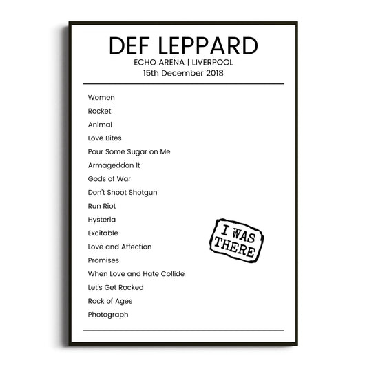 Def Leppard Liverpool 15 December 2018 Setlist Poster