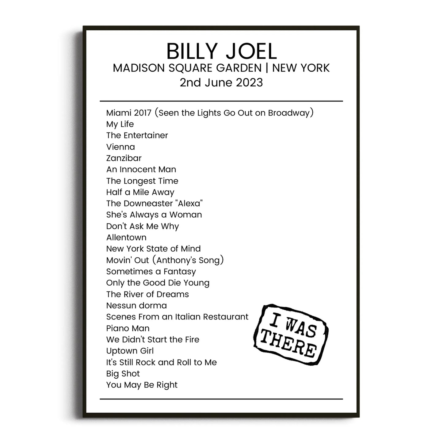 Billy Joel New York 02 June 2023 Setlist Poster